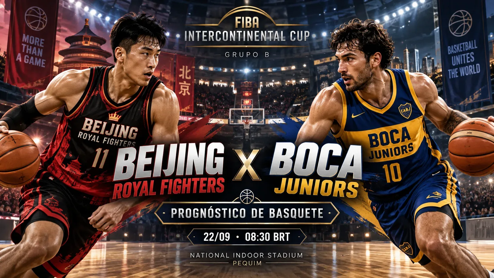 Capa de basquete em arena com jogador em vermelho e preto representando o Beijing Royal Fighters e jogador em azul e amarelo representando o Boca Juniors.
