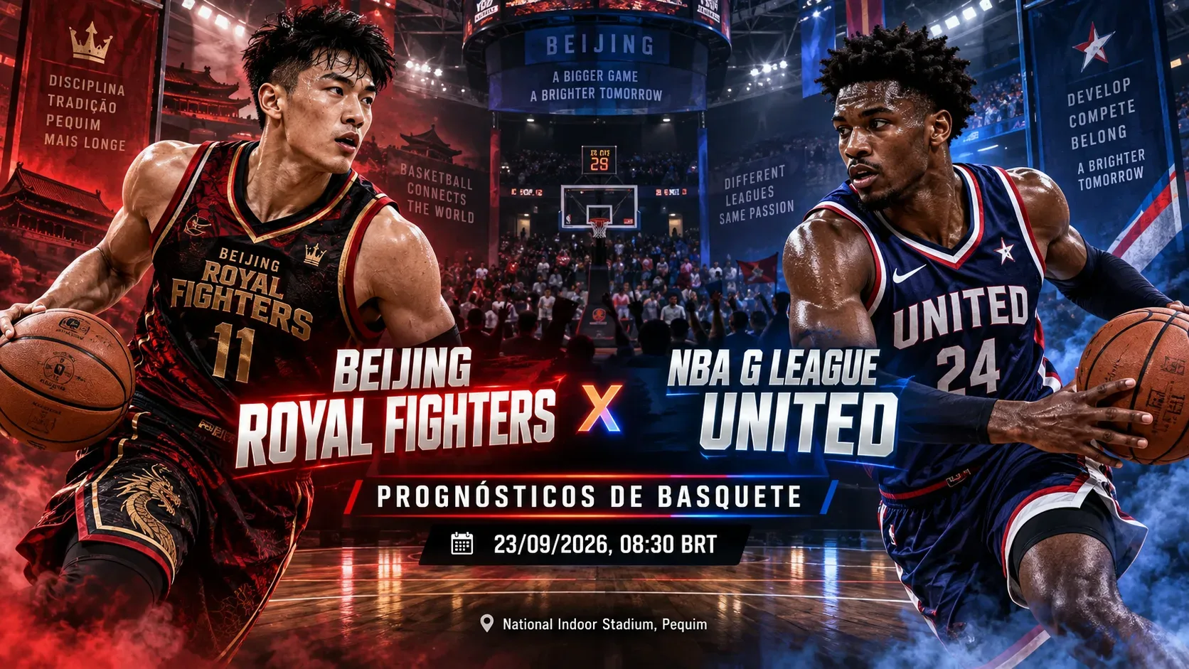 Dois jogadores de basquete em lados opostos de uma arena coberta, com tons vermelhos para o Beijing Royal Fighters e azuis para o NBA G League United, além de textos do confronto, data e local.