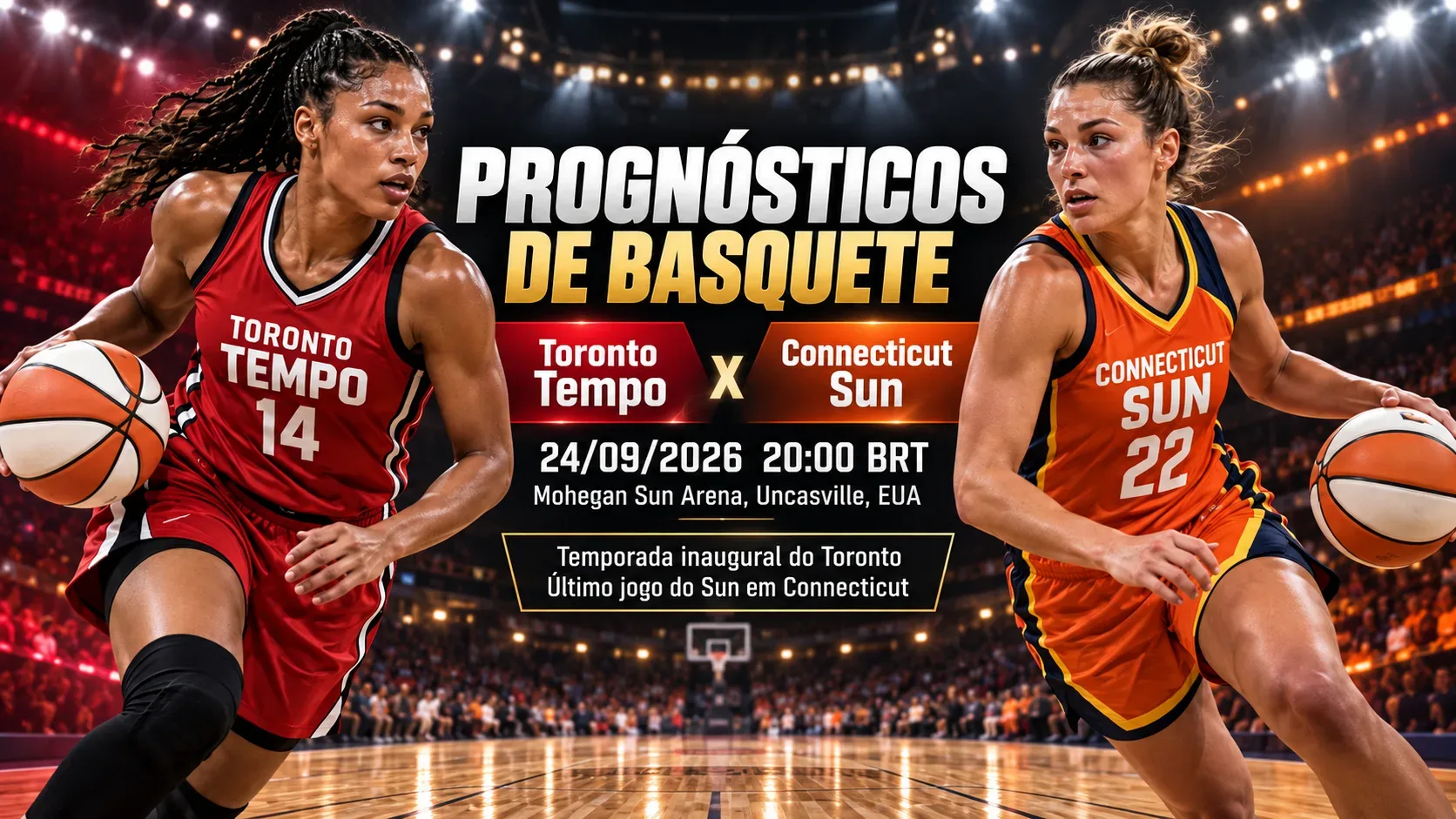 Arte horizontal de basquete com duas jogadoras em quadra, representando Toronto Tempo e Connecticut Sun em uma arena iluminada.