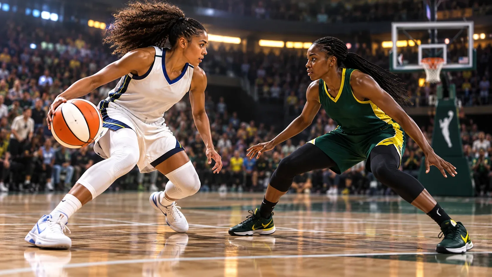 Duas jogadoras de basquete feminino disputam a posse em uma arena lotada, em cena noturna de jogo.