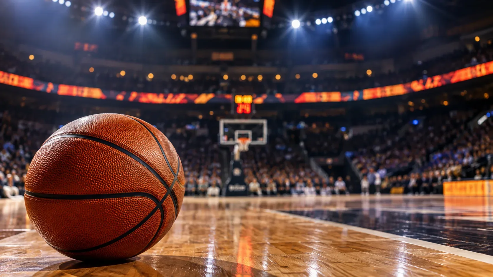 Bola de basquete em primeiro plano sobre quadra iluminada, com cesta e arquibancadas desfocadas ao fundo.