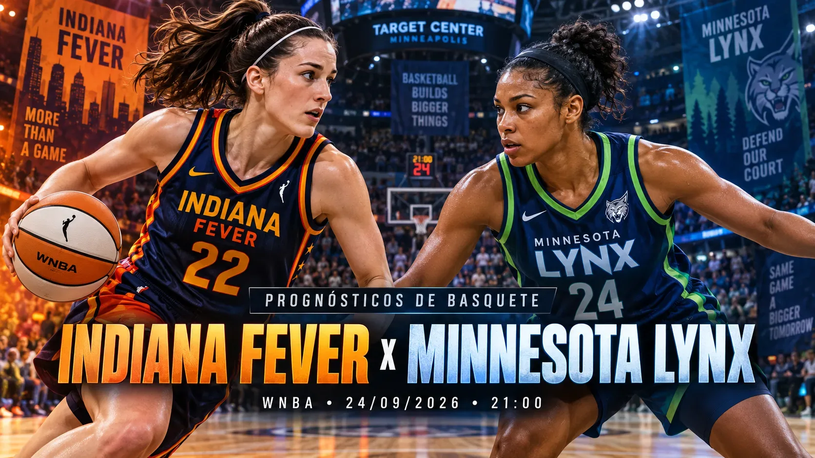 Arte de confronto entre Indiana Fever e Minnesota Lynx em uma quadra de arena, com uma jogadora de cada equipe em ação.