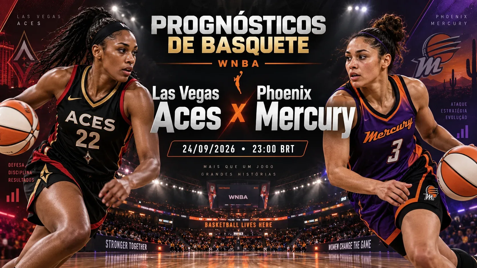 Arte esportiva horizontal com duas jogadoras em ação representando Las Vegas Aces e Phoenix Mercury diante de uma arena de basquete.