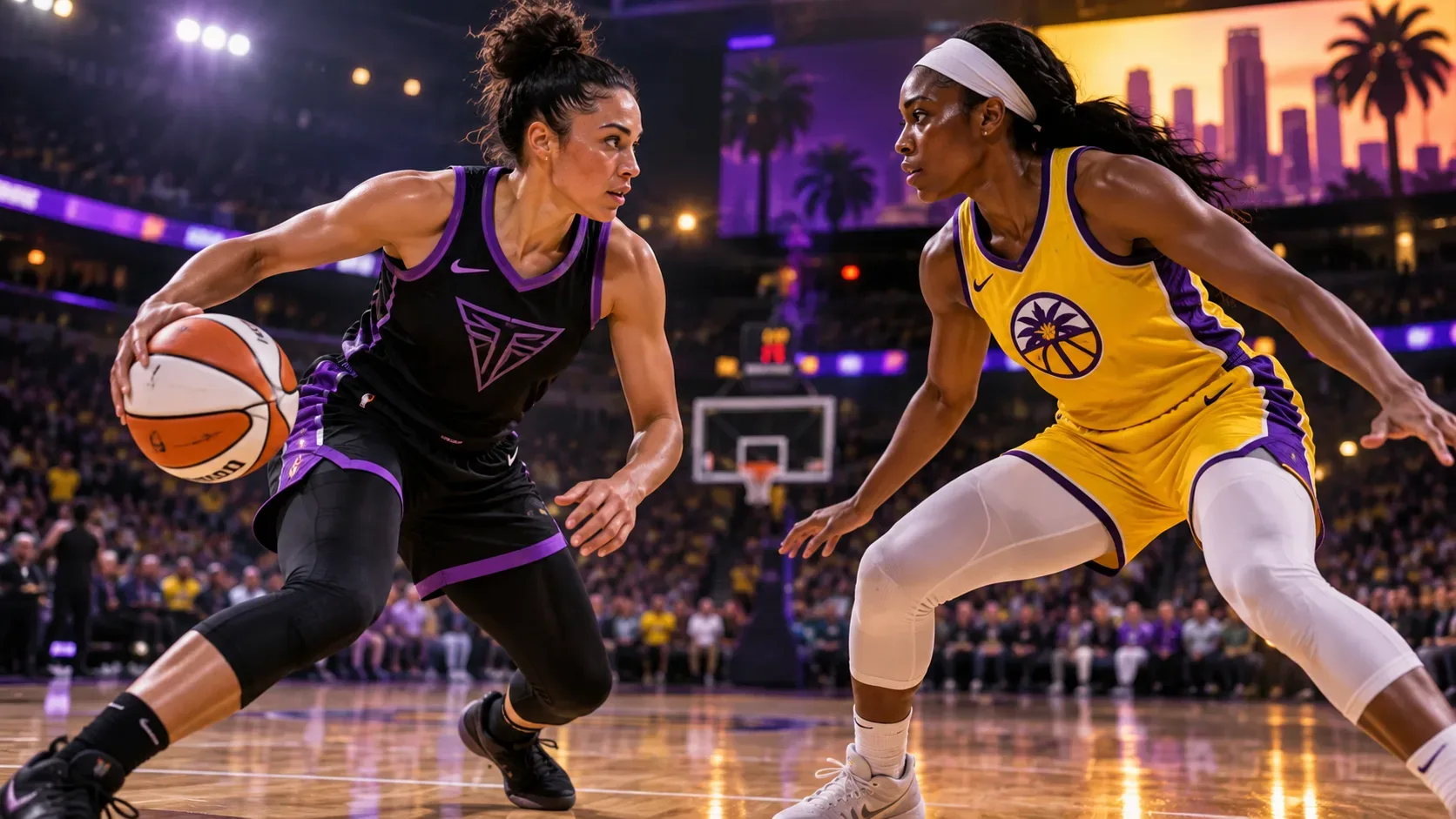 Duas jogadoras de basquete feminino disputam a posse em uma arena iluminada com referências visuais a Los Angeles, uma de uniforme escuro e outra de uniforme amarelo e roxo.