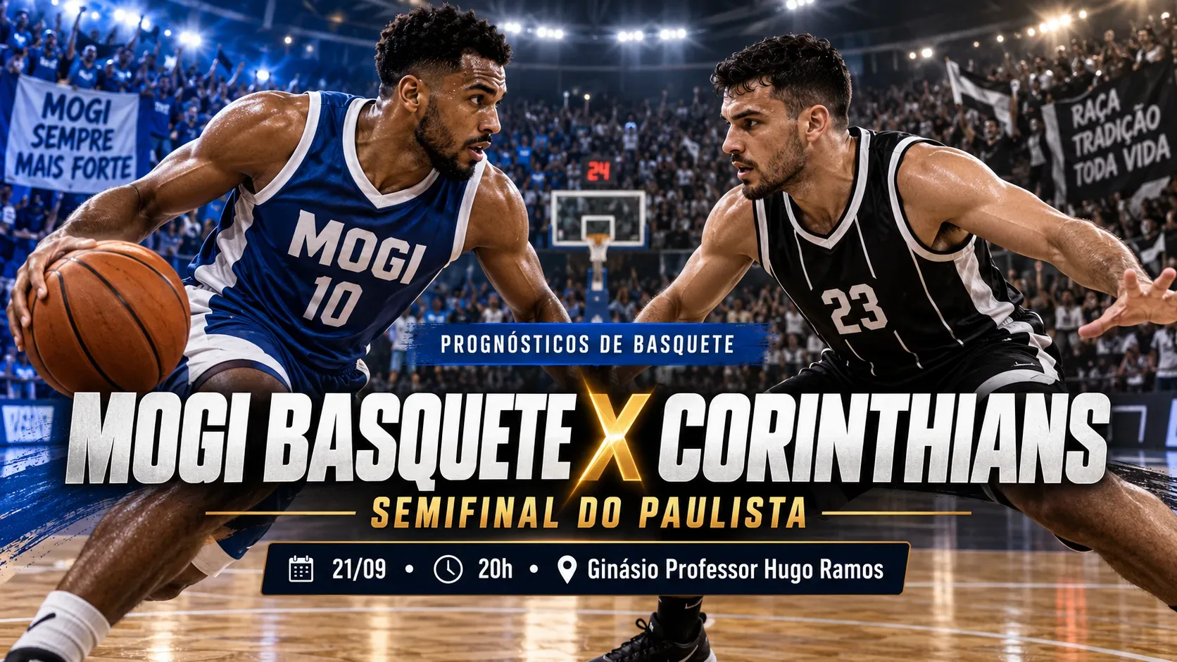 Arte horizontal de basquete com um jogador de azul e branco e outro de preto e branco em confronto, com chamada para Mogi Basquete x Corinthians.