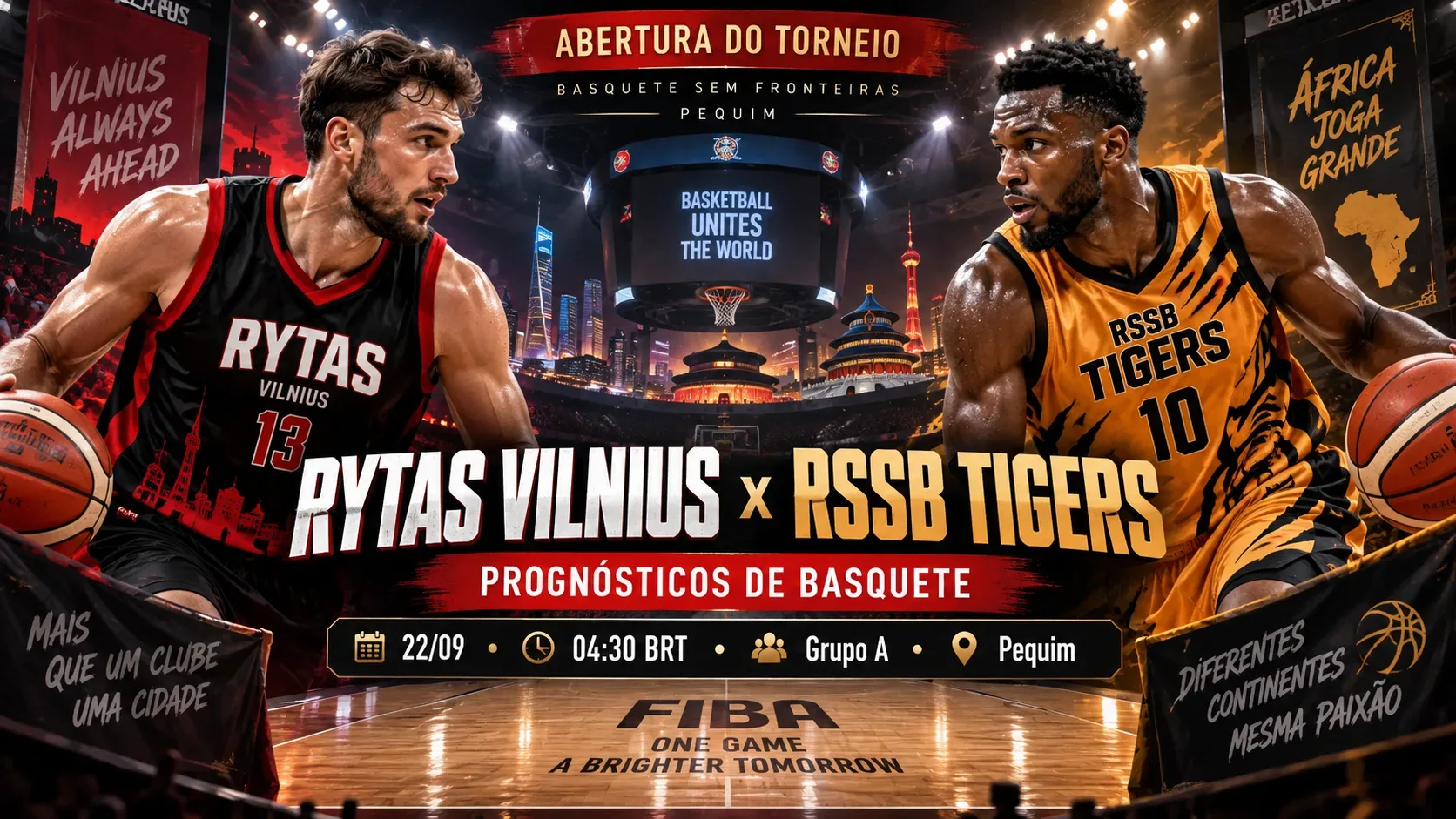 Arte esportiva com dois jogadores de basquete frente a frente, representando Rytas Vilnius e RSSB Tigers, em arena iluminada com referências a Pequim.