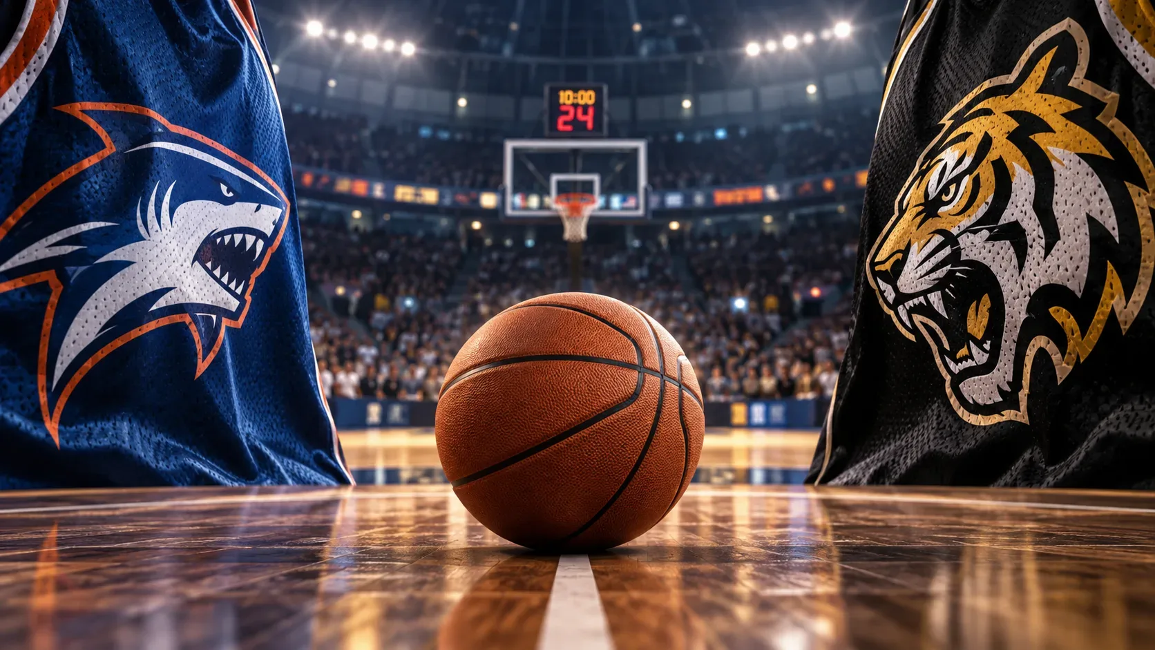 Bola de basquete no centro da quadra, entre tecidos com símbolos de tubarão e tigre, em uma arena coberta lotada.