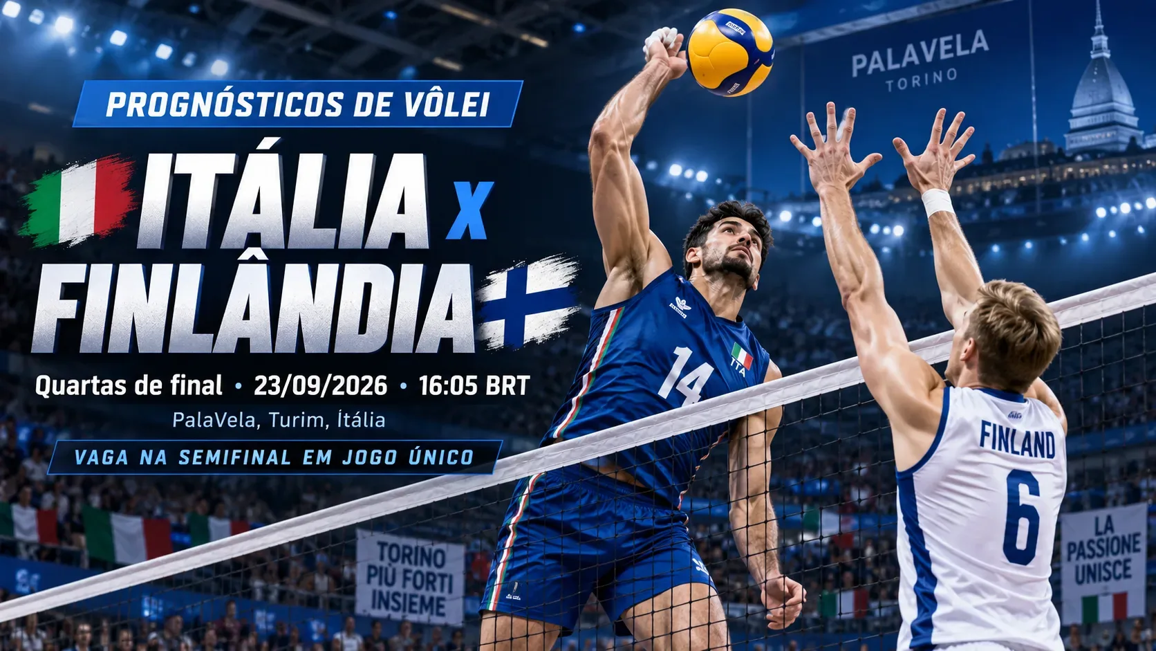 Capa esportiva horizontal de vôlei com jogador da Itália atacando diante de bloqueio da Finlândia em arena indoor, com referências visuais às duas seleções.