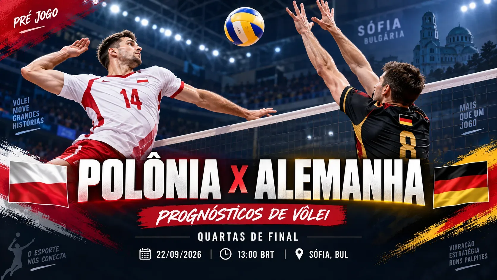Capa horizontal de Polônia x Alemanha com dois jogadores genéricos de vôlei em ação, rede ao centro e elementos nas cores das duas seleções.