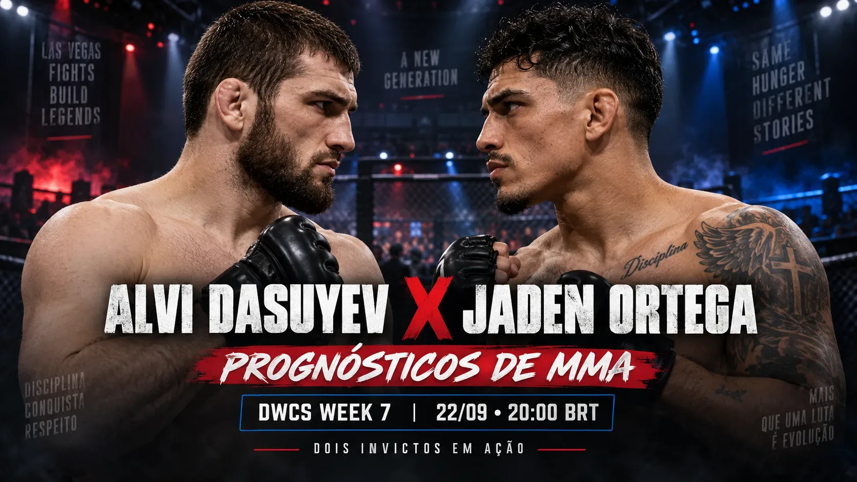 Arte de encarada representando Alvi Dasuyev e Jaden Ortega diante de uma grade de octógono, com iluminação vermelha e azul.