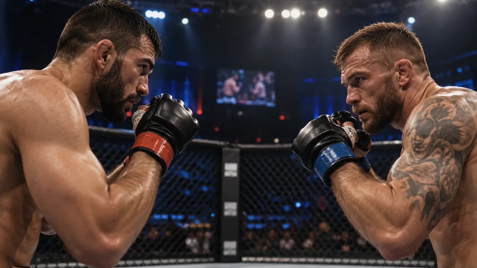 Dois lutadores de MMA frente a frente dentro de um octógono sob iluminação de arena