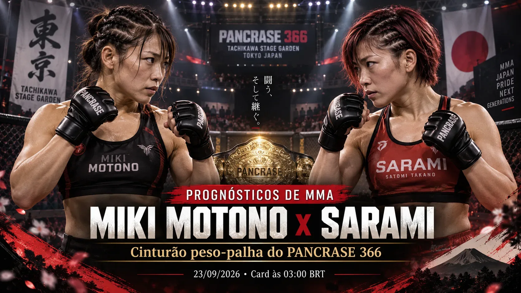 Miki Motono e SARAMI frente a frente em arena de MMA, com cinturão ao centro e visual promocional do PANCRASE 366