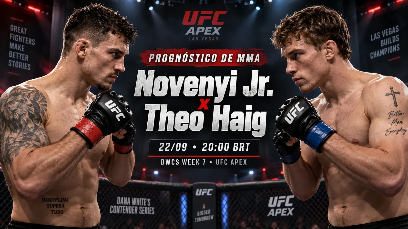 Dois lutadores de MMA frente a frente em uma arena, com jaula ao fundo e iluminação dramática em vermelho e azul.