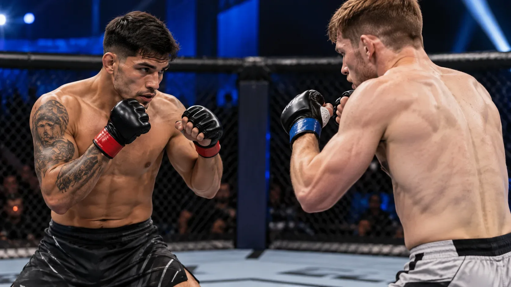 Dois lutadores de MMA frente a frente dentro de um octógono sob iluminação azul em arena fechada