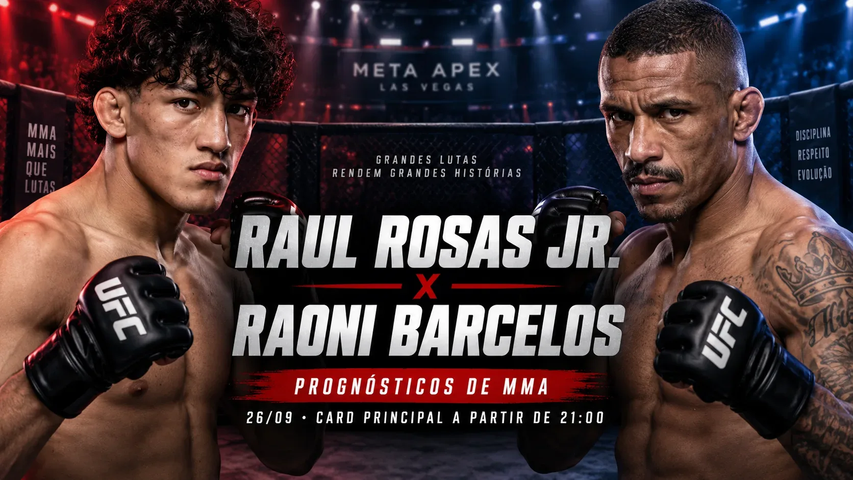 Arte de MMA com Raul Rosas Jr. e Raoni Barcelos em posição de luta diante de um octógono iluminado.