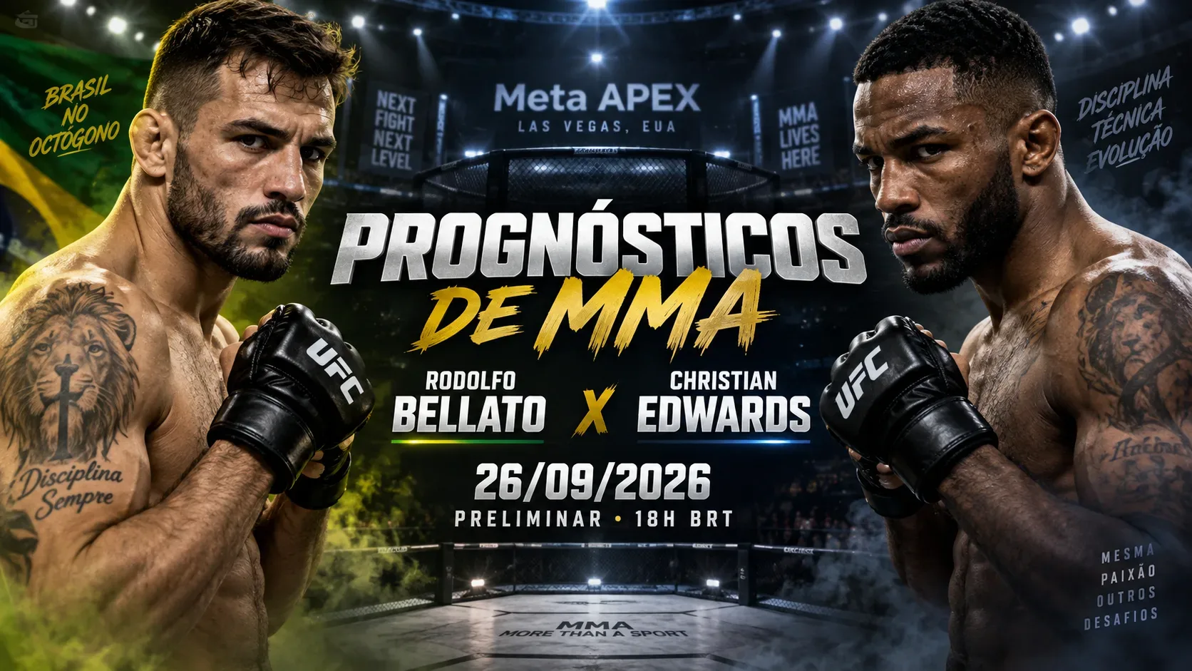 Capa de MMA com Rodolfo Bellato e Christian Edwards frente a frente em uma arena, com octógono e iluminação de evento ao fundo.