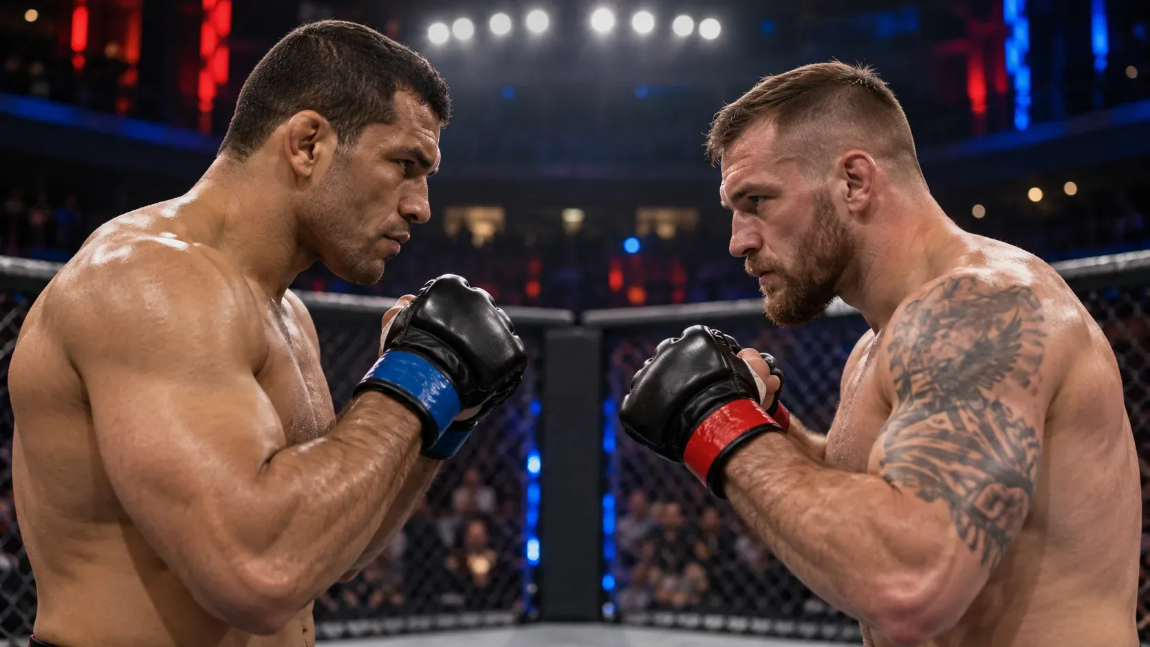 Dois lutadores de MMA frente a frente no octógono sob iluminação de arena, em composição horizontal.