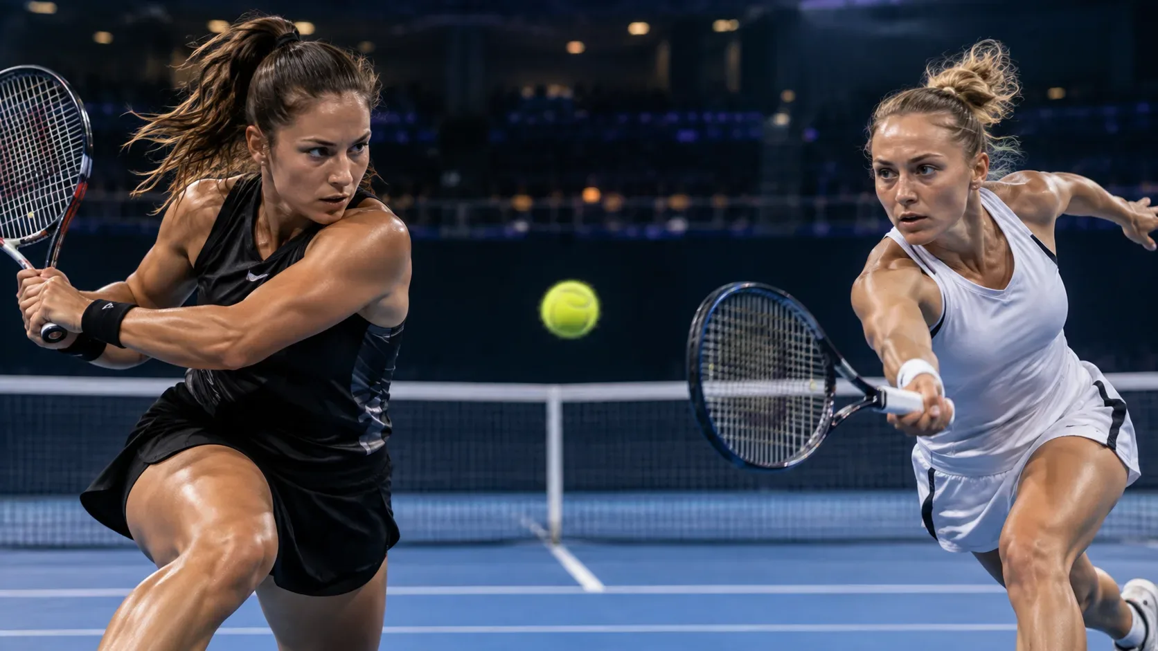 Duas tenistas em ação em quadra dura coberta, com a bola entre as raquetes sob iluminação de arena.