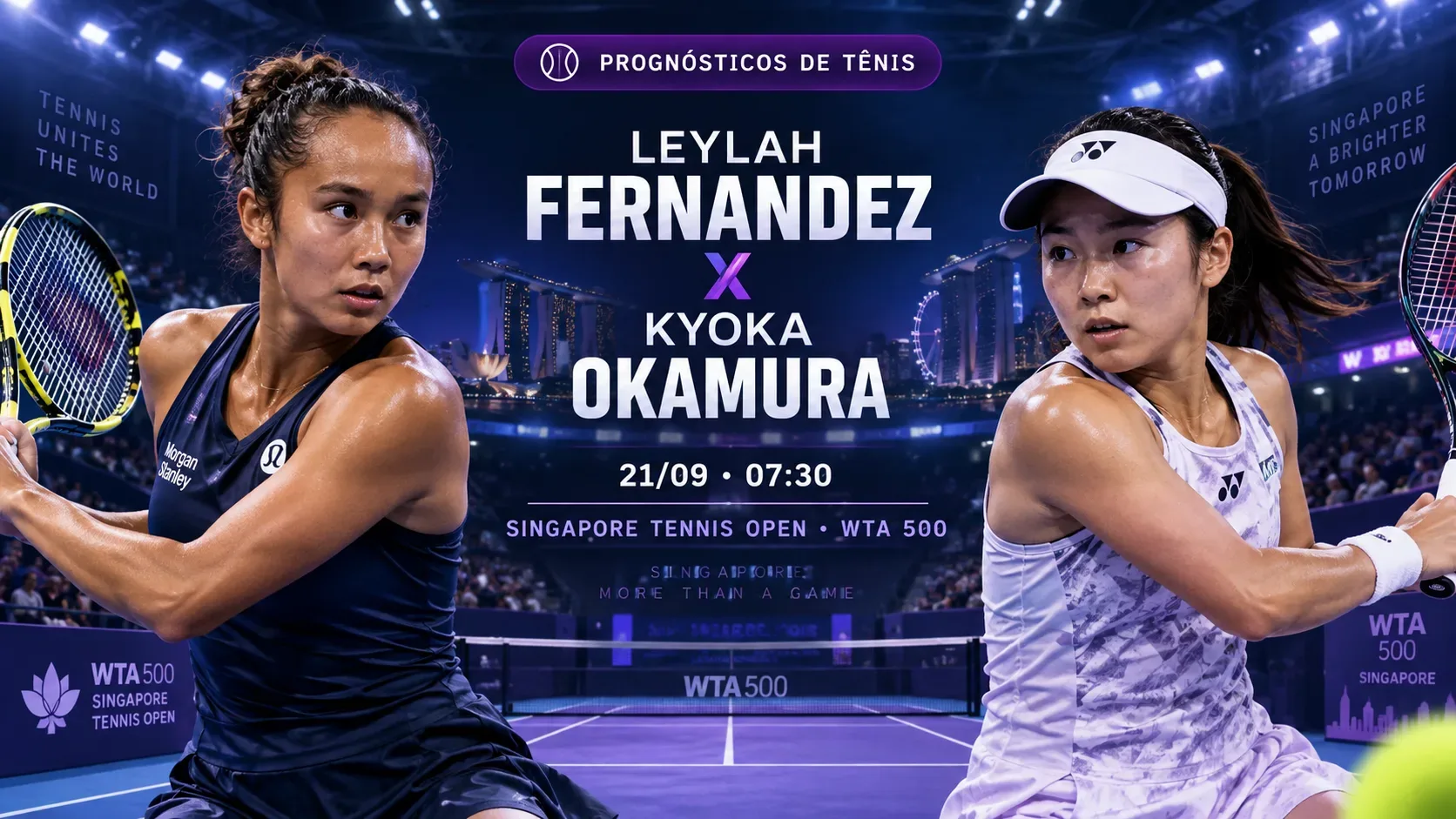 Capa esportiva em arena de tênis indoor, com duas tenistas em lados opostos, quadra azul e roxa e o texto Leylah Fernandez x Kyoka Okamura ao centro.
