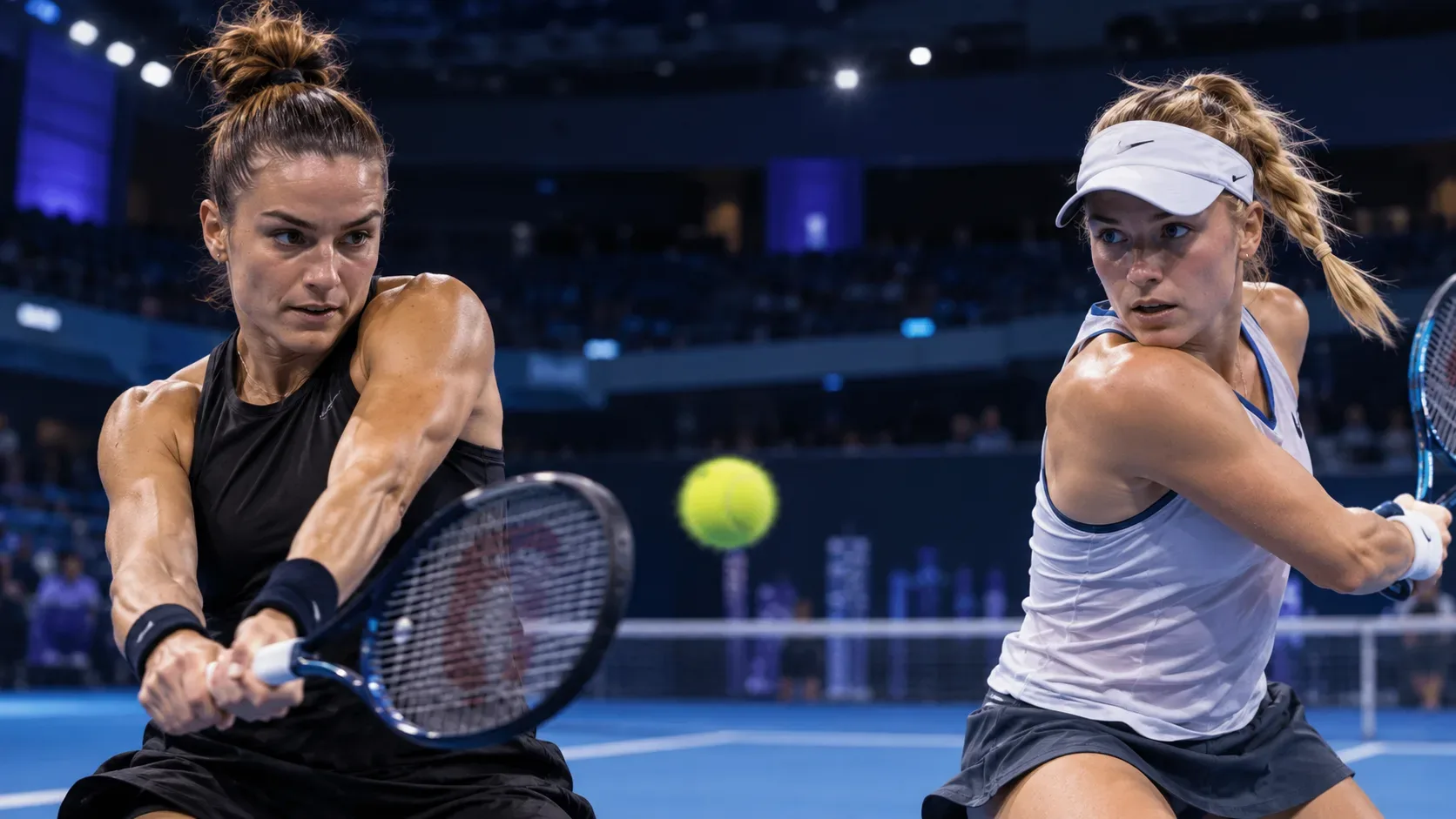 Duas tenistas em ação numa quadra dura indoor sob luzes de arena